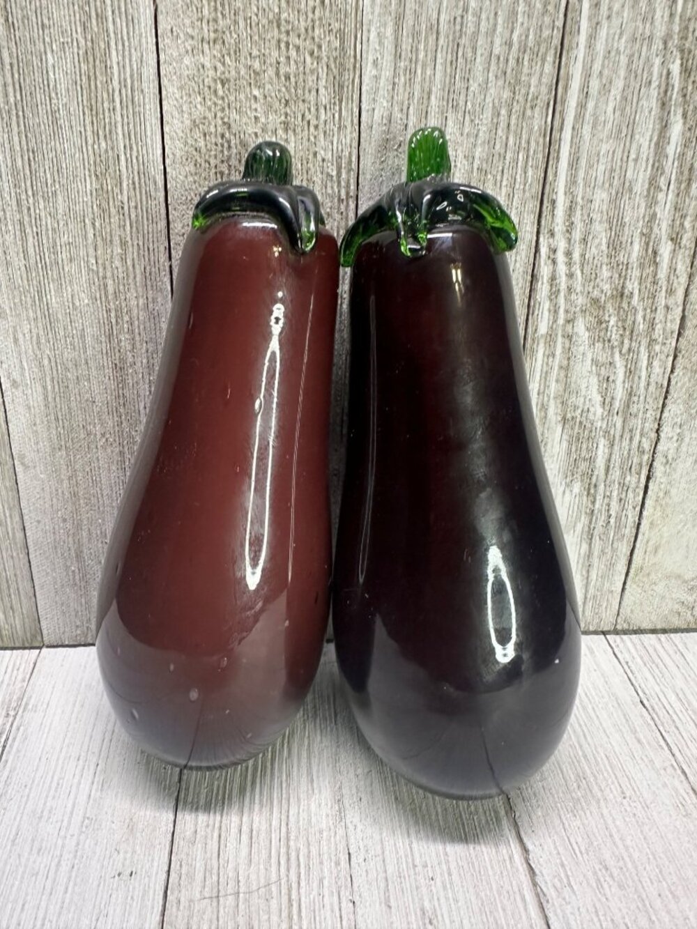 Vintage Murano Style Blown Art Glass Purple Eggplants Vegetable Decor - Set of 2